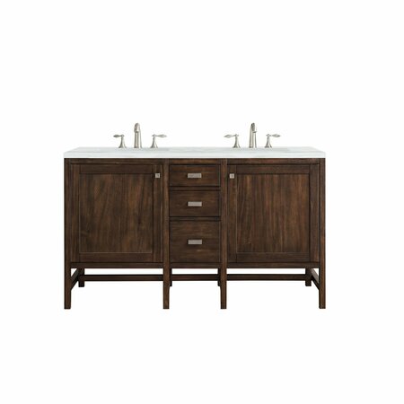 JAMES MARTIN VANITIES Addison 60in Double Vanity, Mid-Century Acacia w/ 3 CM Arctic Fall Solid Surface Top E444-V60D-MCA-3AF